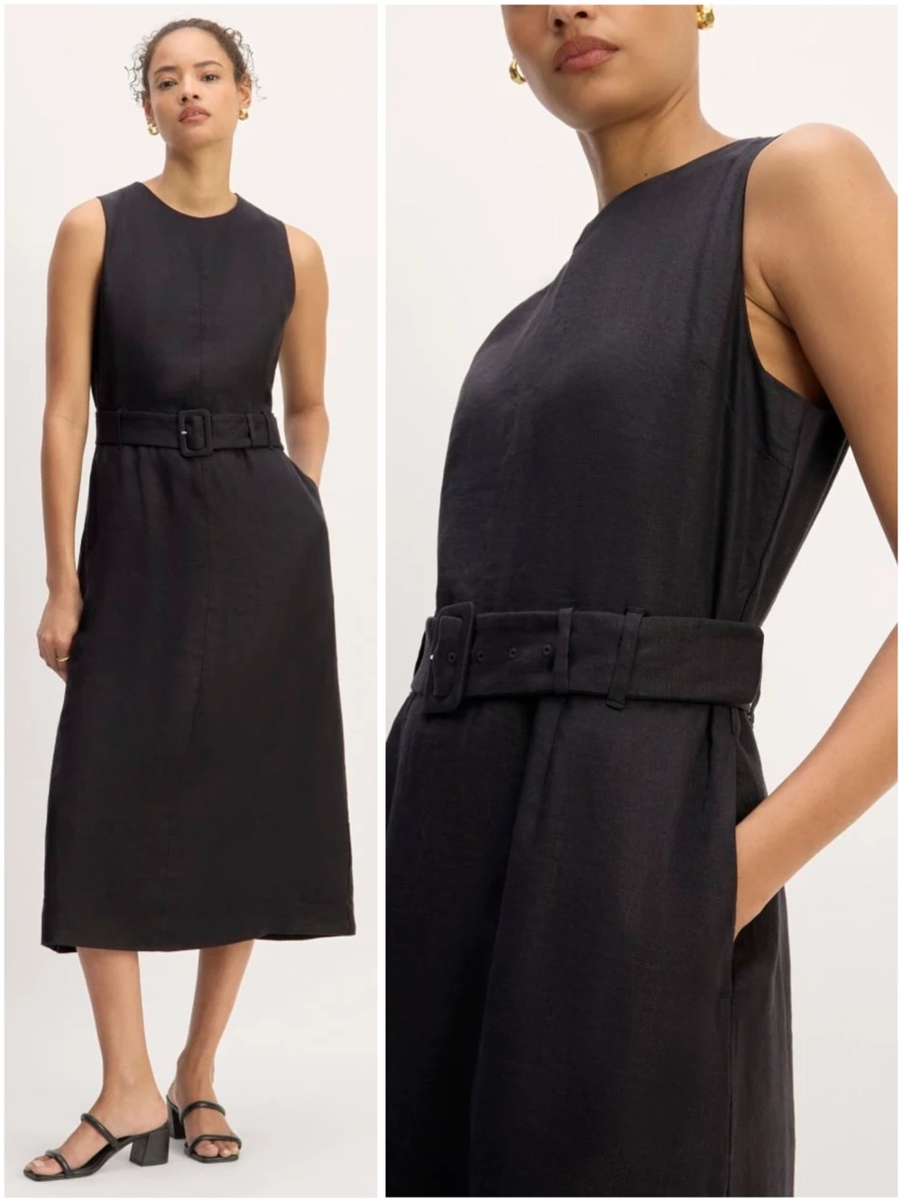 Everlane Linen Belted Midi Dress Black European Flax Sleeveless Size 0 NWT